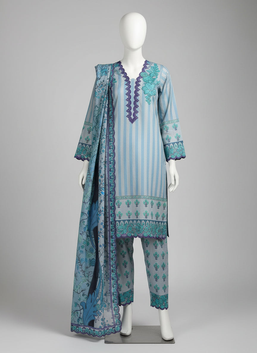 Sky Blue Striped Embroidered Salwar Kameez – 3 Piece Summer Set