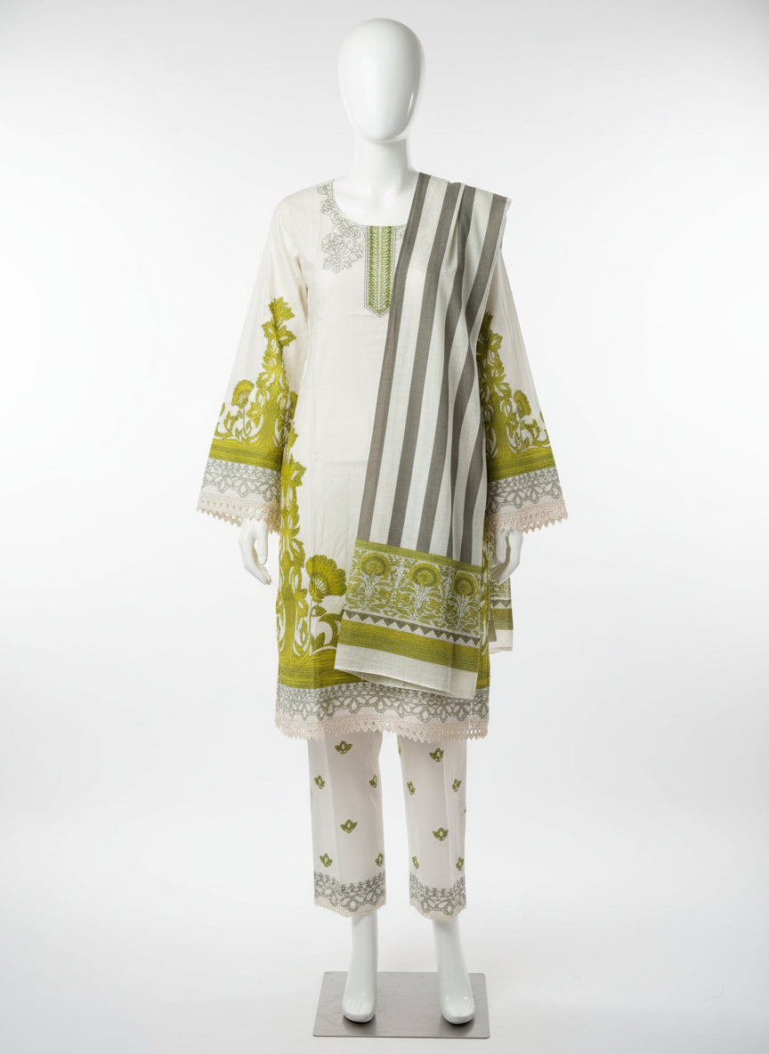 White & Olive Green Printed Salwar Kameez – 3 Piece Summer Set