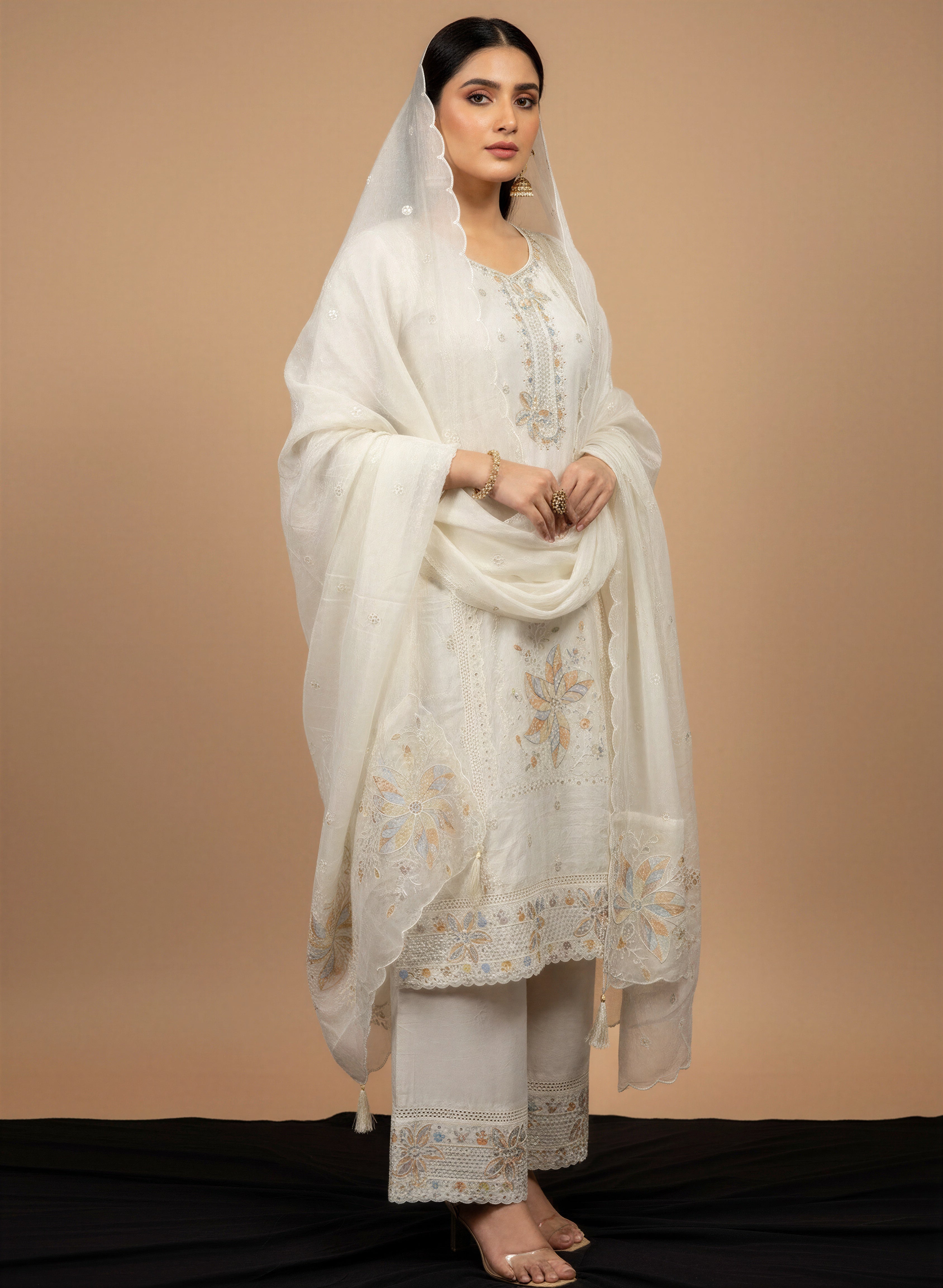 White Fendi Silk Salwar Kameez with Cutdana & Sequins