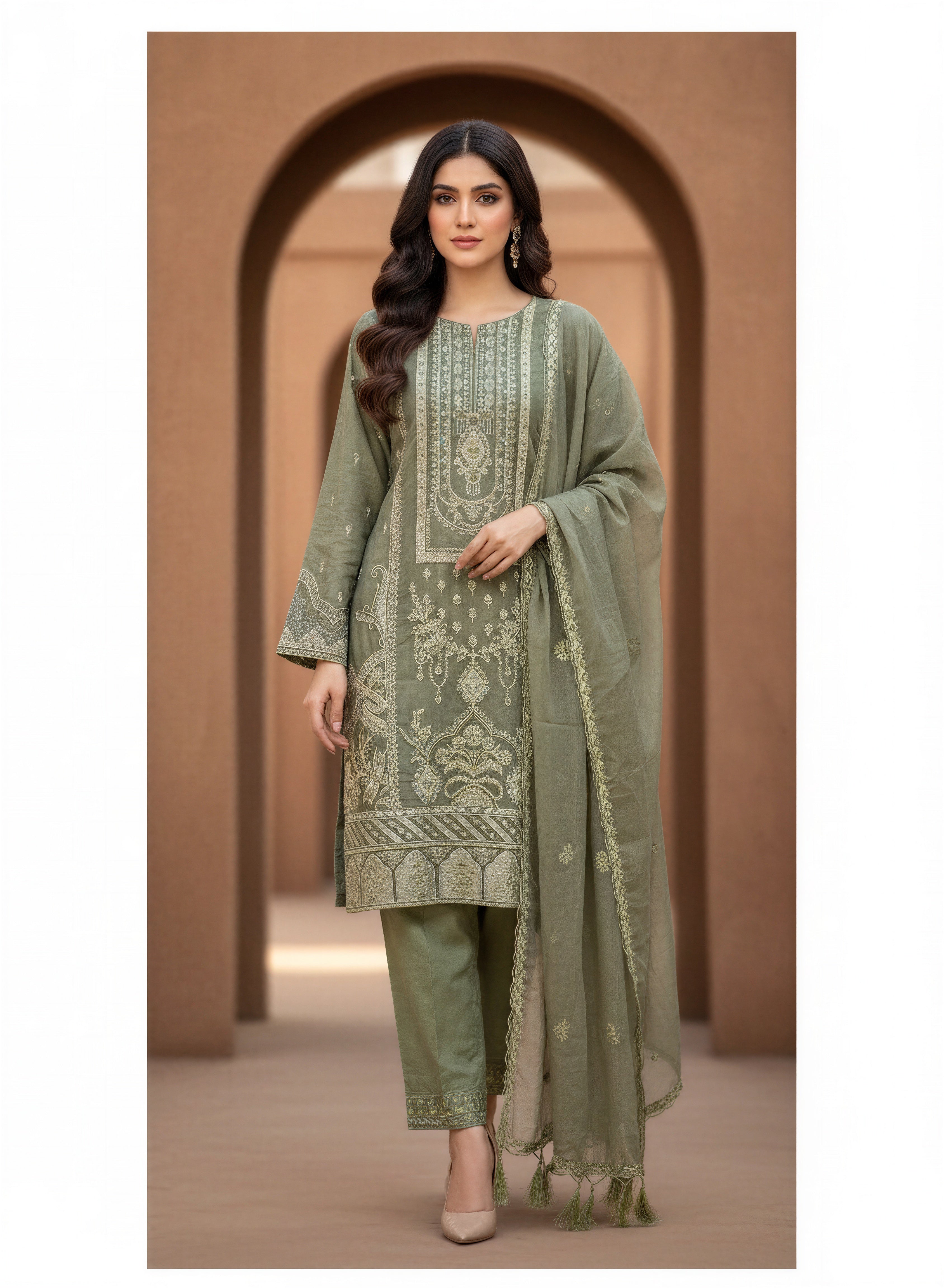 Sage Green Zari Work Party Wear Suit with Zirconia Stone Work