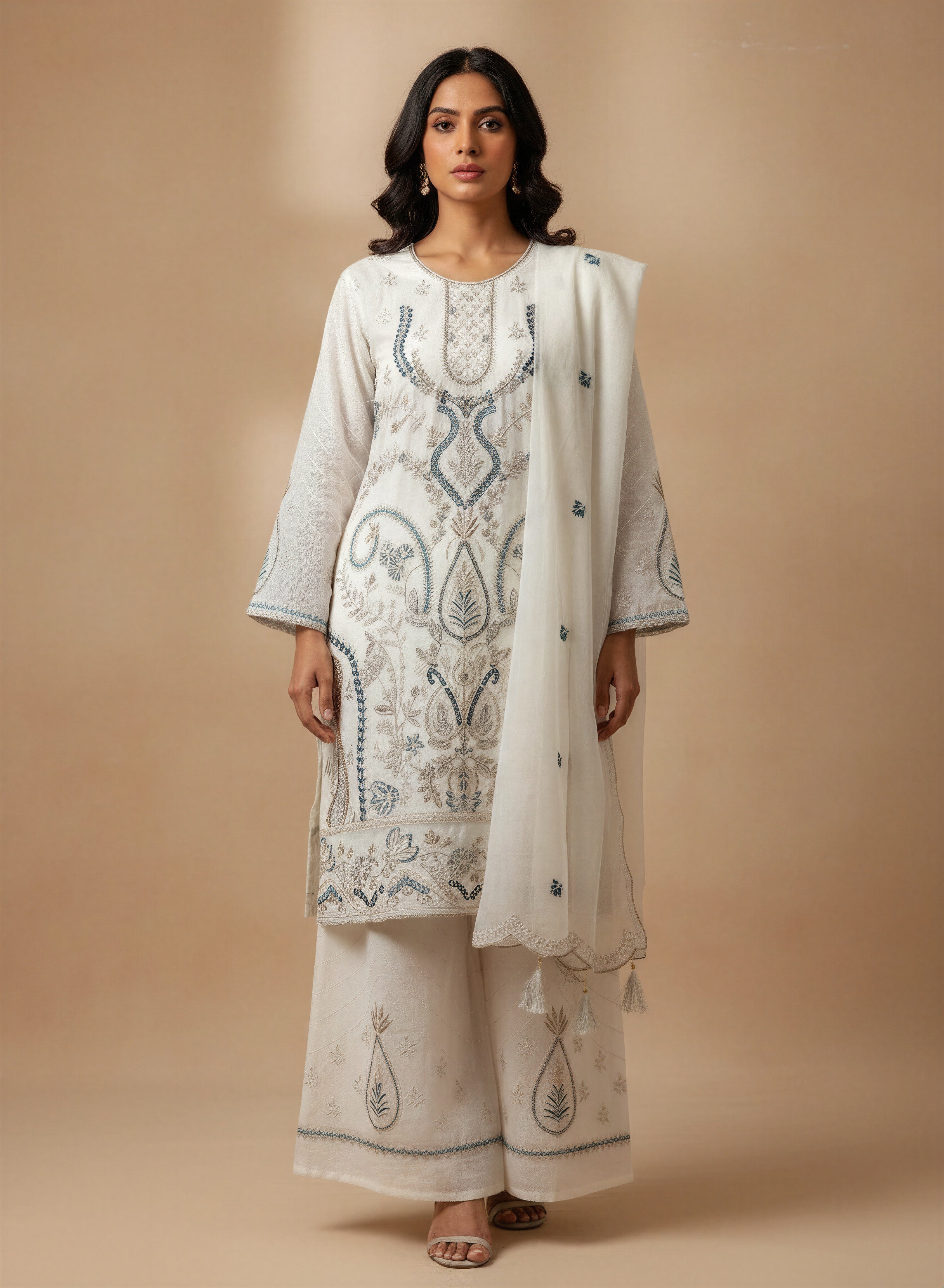 Ivory Embroidered Party Wear Suit with Zirconia Stone Work - Size 40
