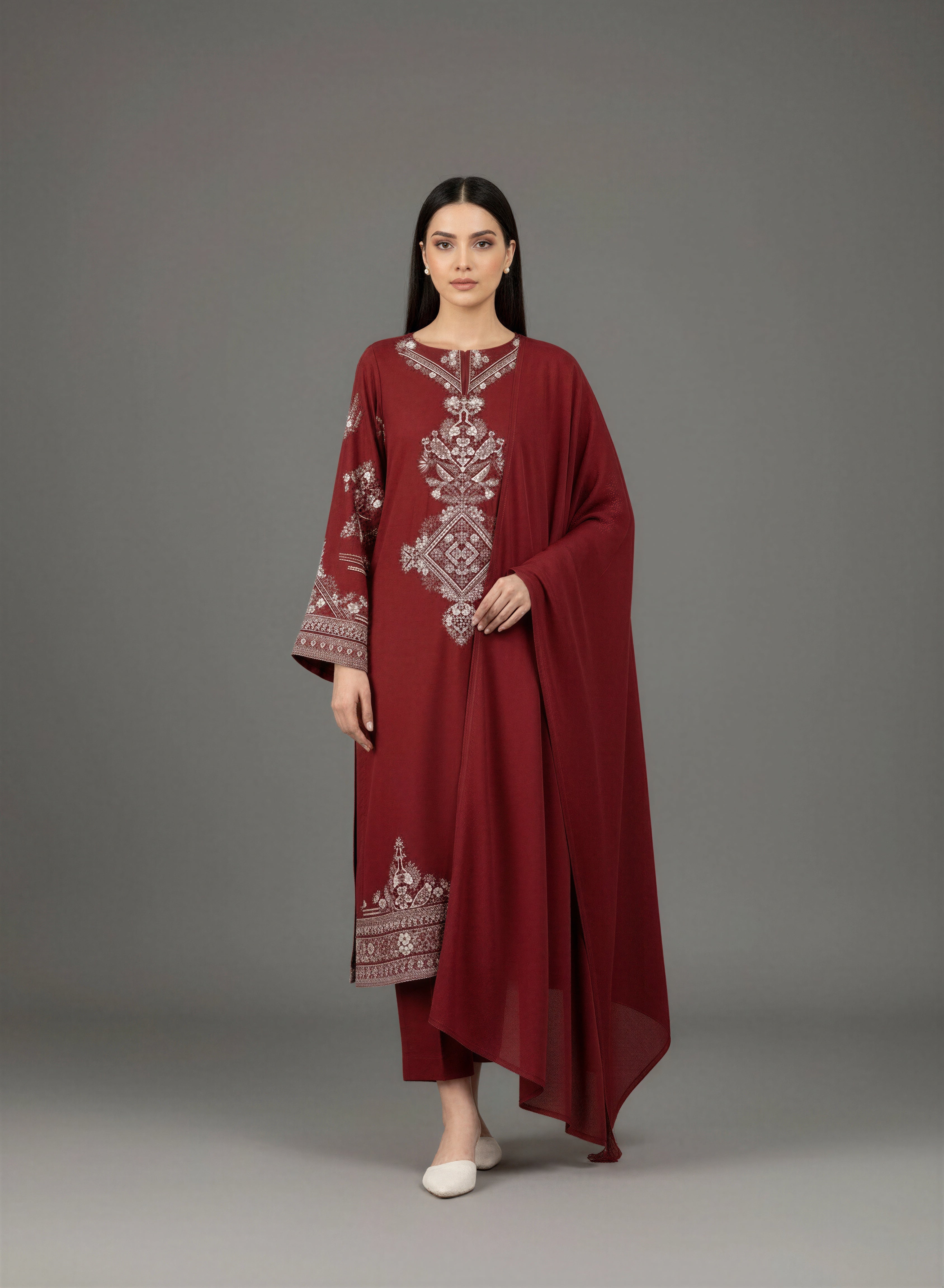 Maroon Embroidered Linen Kurta Set - Size 42