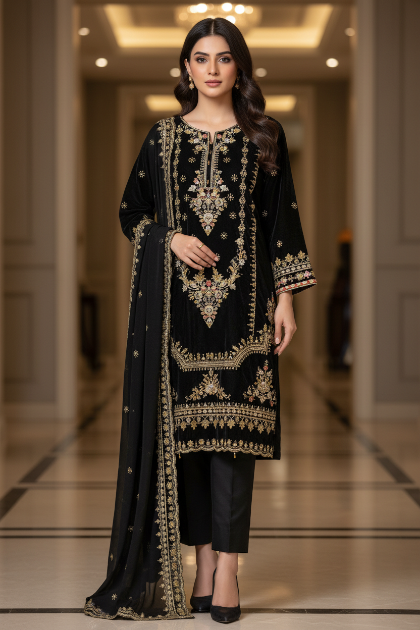 Black Velvet Salwar Kameez Suit with Zari Embroidery - Large