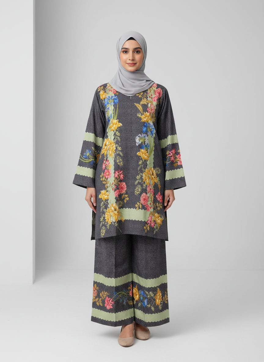 Dark Gray Floral Printed Coord Set - 2 Piece