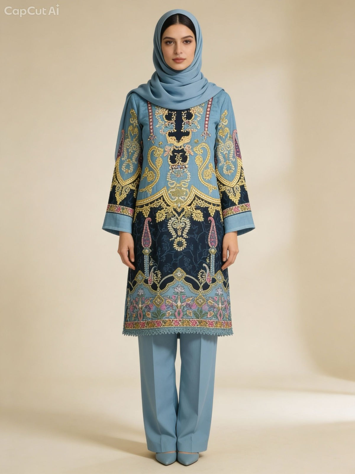 Teal Blue Printed Rayon Cotton Salwar Kameez - 3 Piece Set