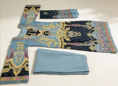 Teal Blue Printed Rayon Cotton Salwar Kameez - 3 Piece Set