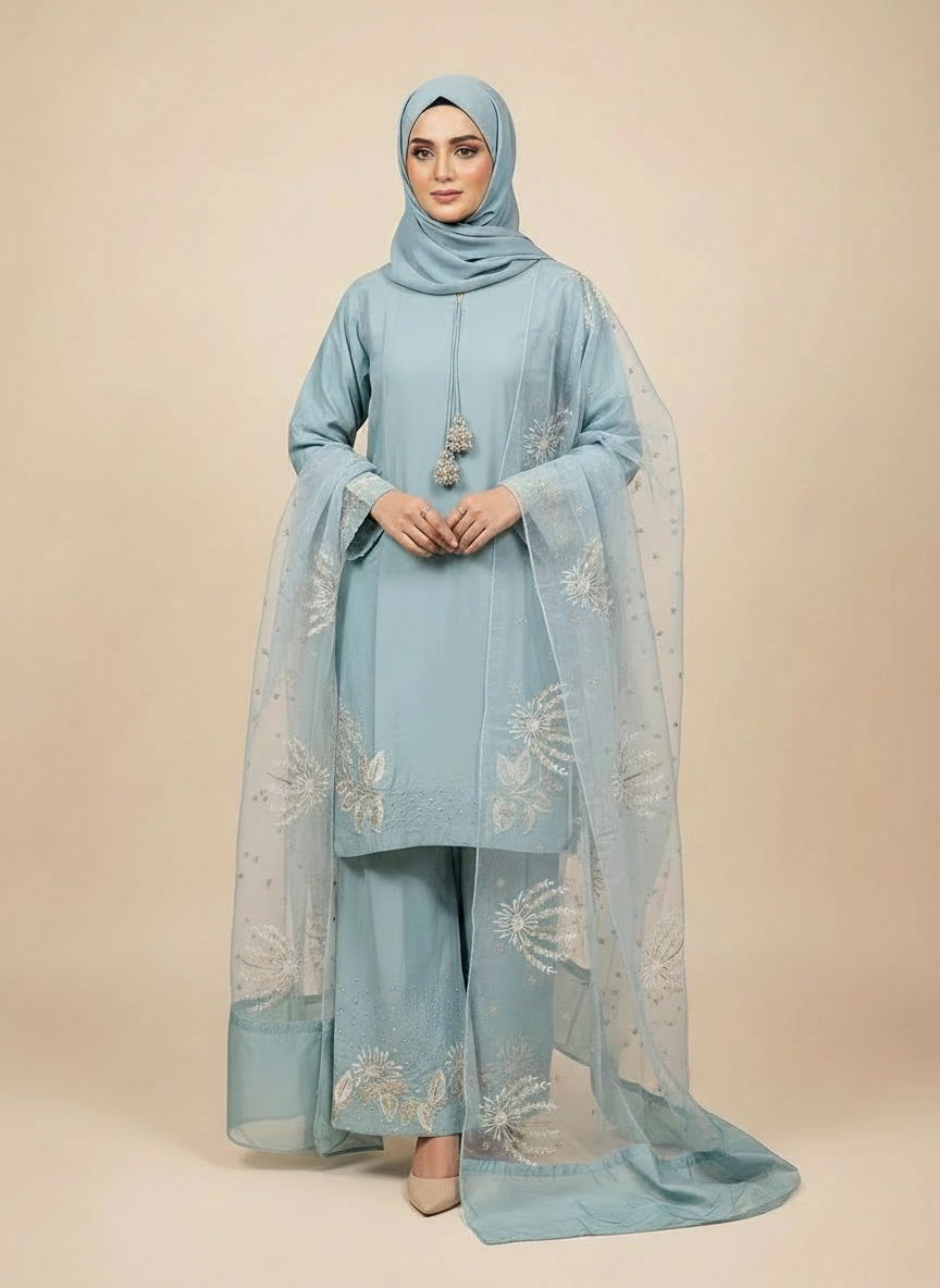 💠 Powder Blue Linen Suit with Zari Detailing