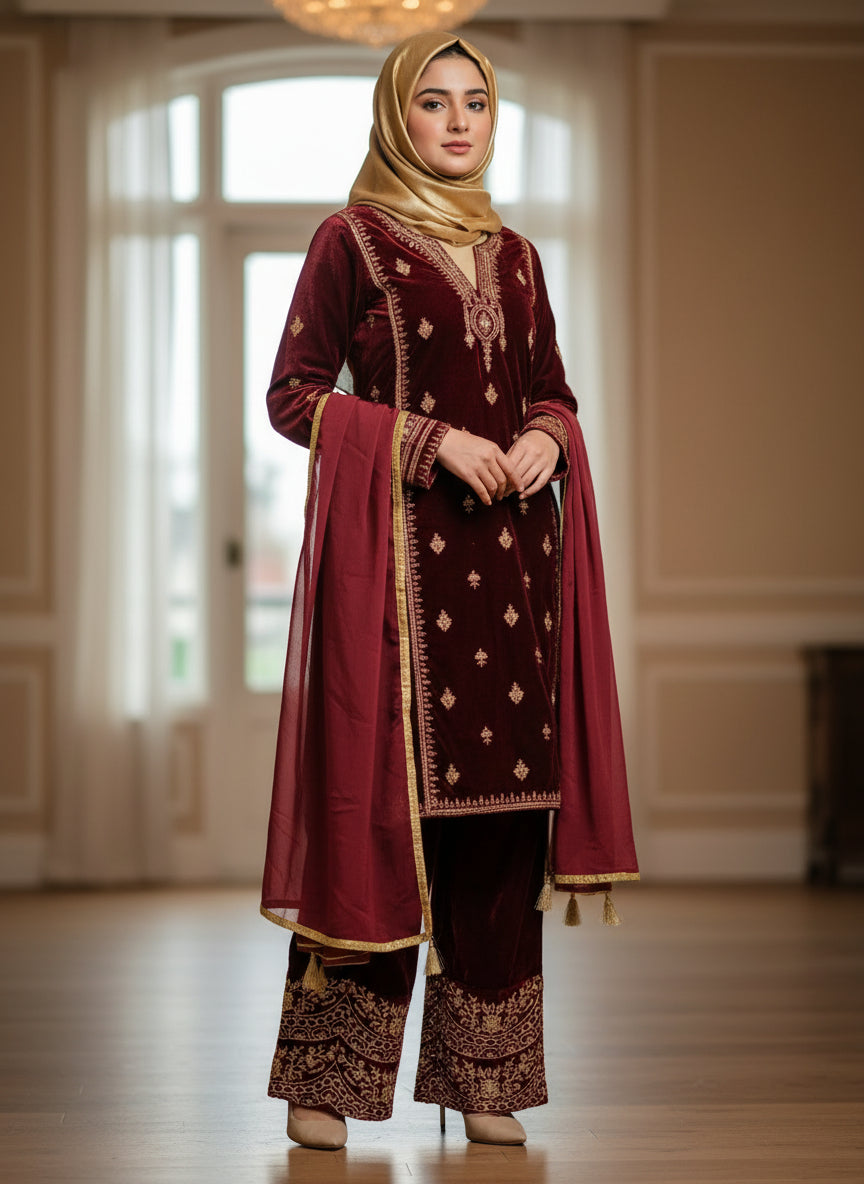 Maroon Velvet Palazzo Suit - Medium