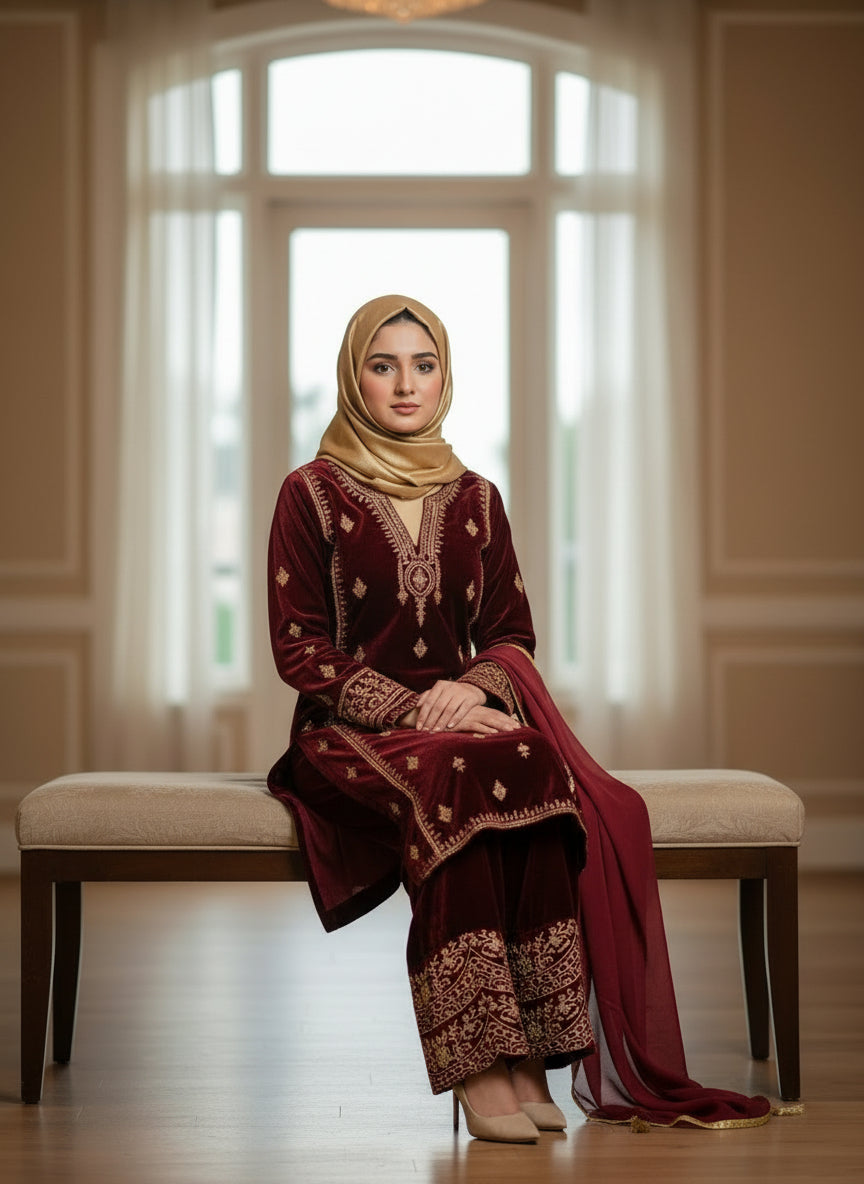 Maroon Velvet Palazzo Suit - Medium