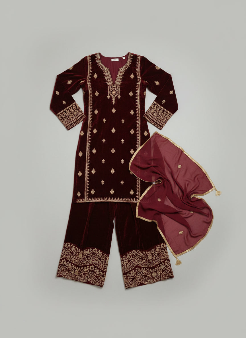 Maroon Velvet Palazzo Suit - Medium