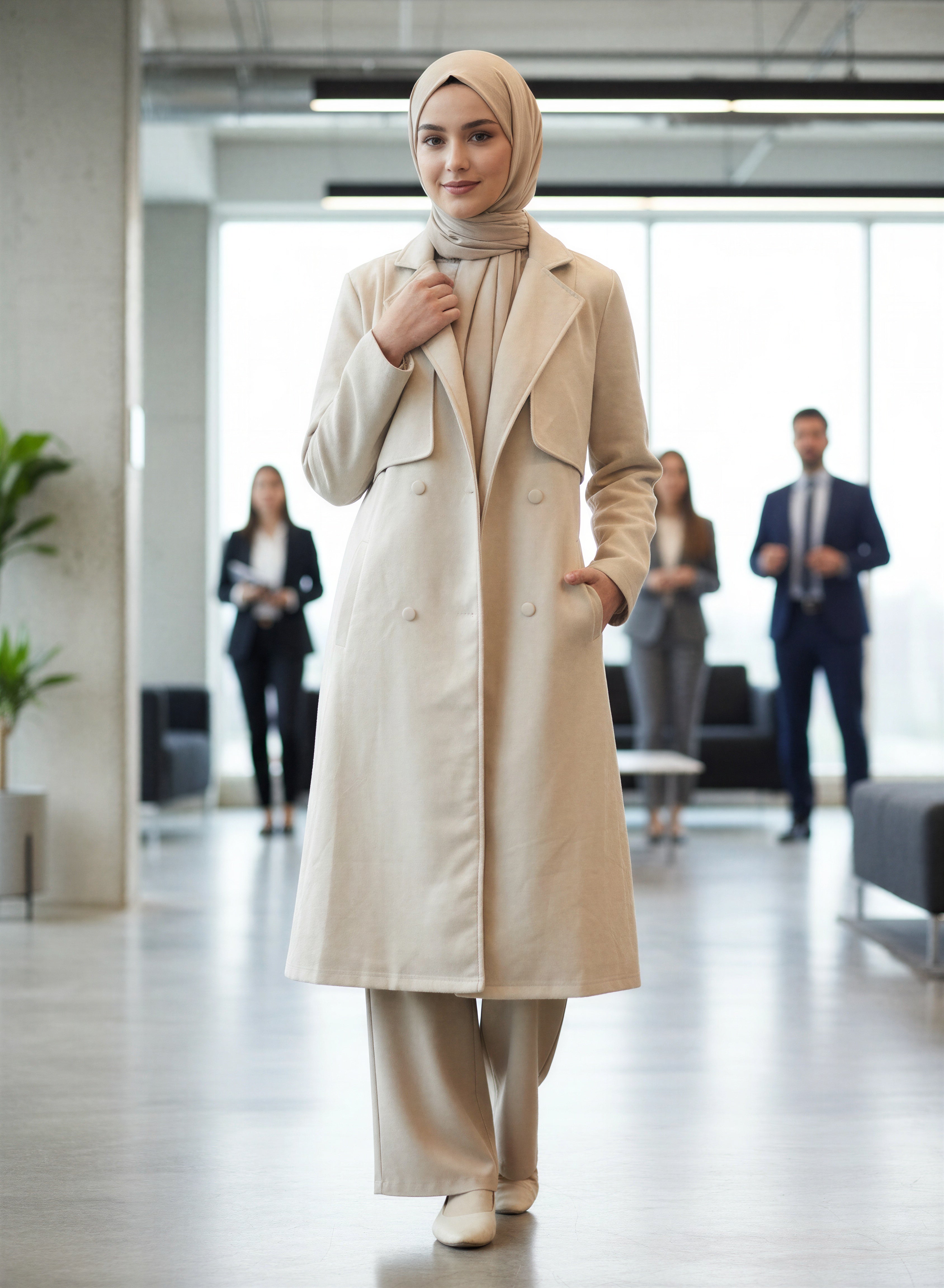 Modest Office Wear Trench Coat - Beige
