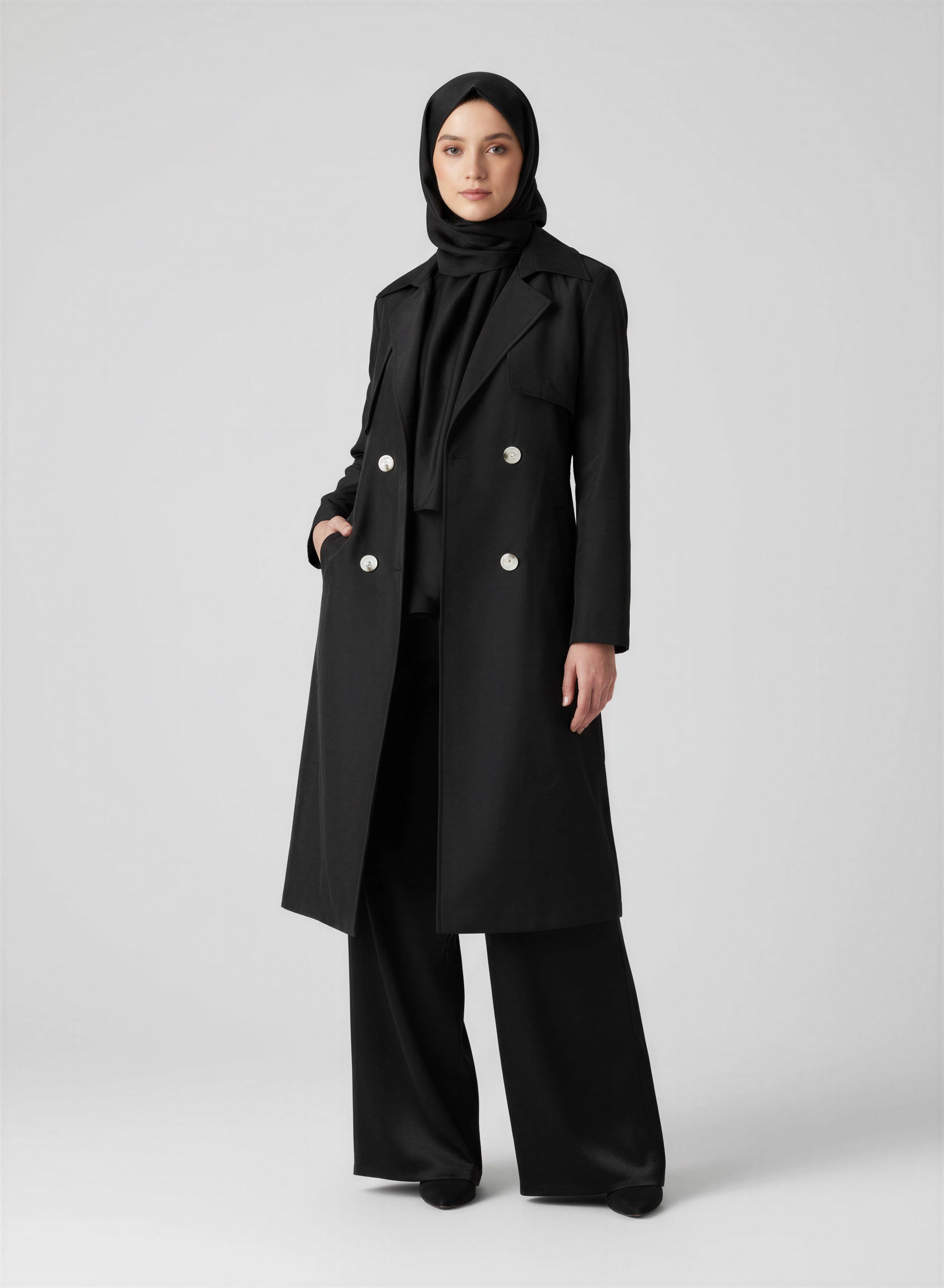Modest Office Wear Trench Coat - Black