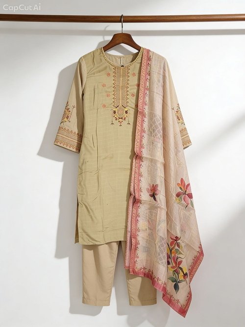 Beige Linen Mix Salwar Kameez with Floral Dupatta - Daily Wear Pret