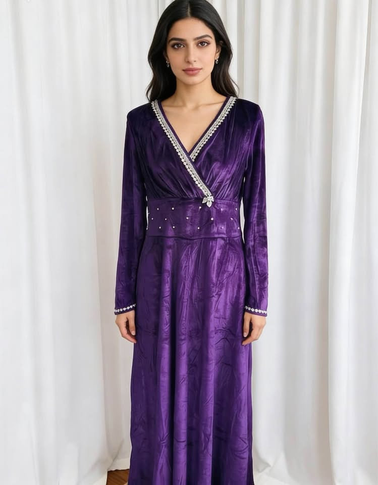 Purple Velvet Dress with Zirconia Stones
