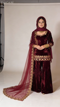 Maroon Velvet Embroidered Salwar Kameez with Palazzo Gharara Style