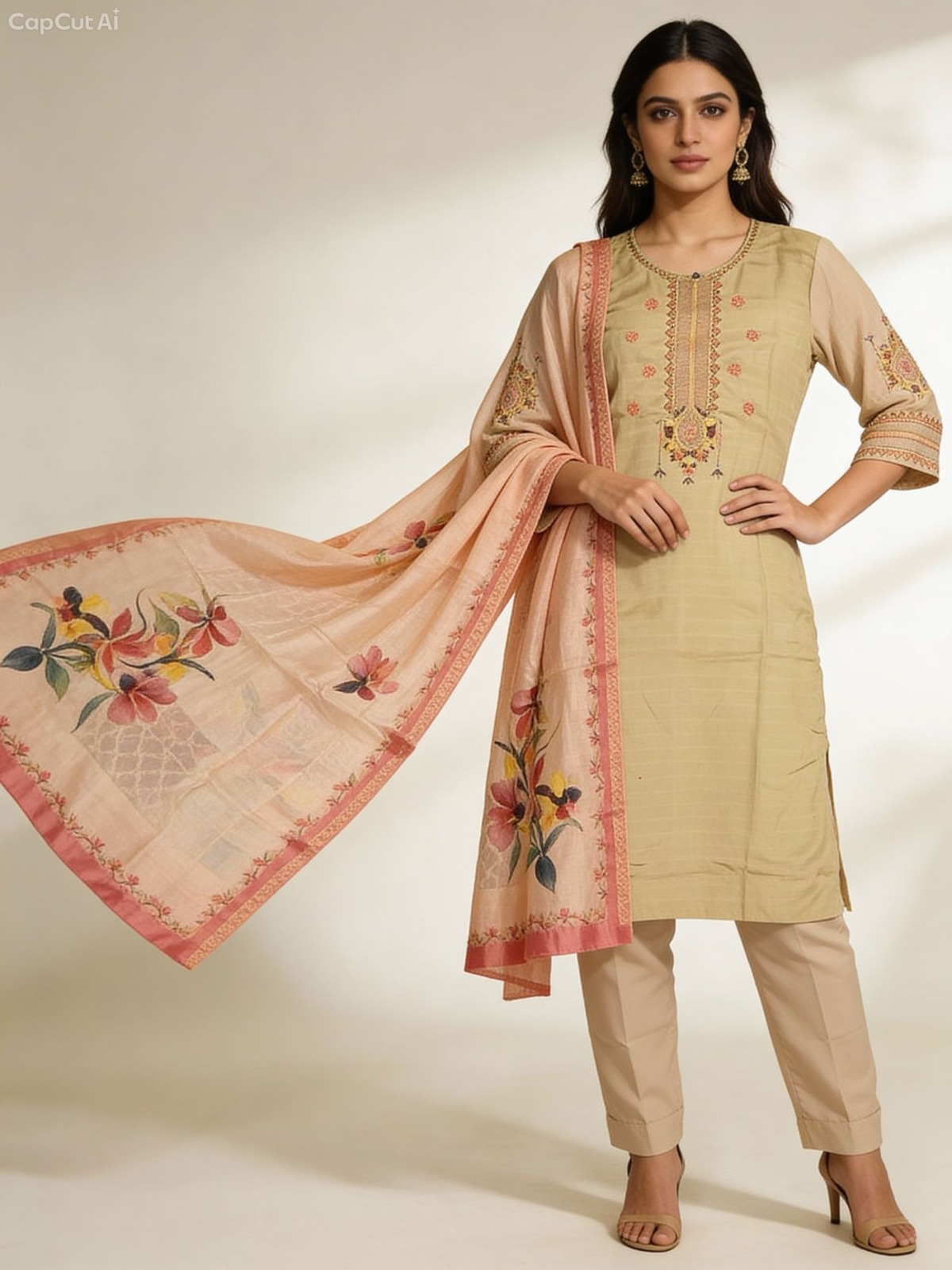 Beige Linen Mix Salwar Kameez with Floral Dupatta - Daily Wear Pret