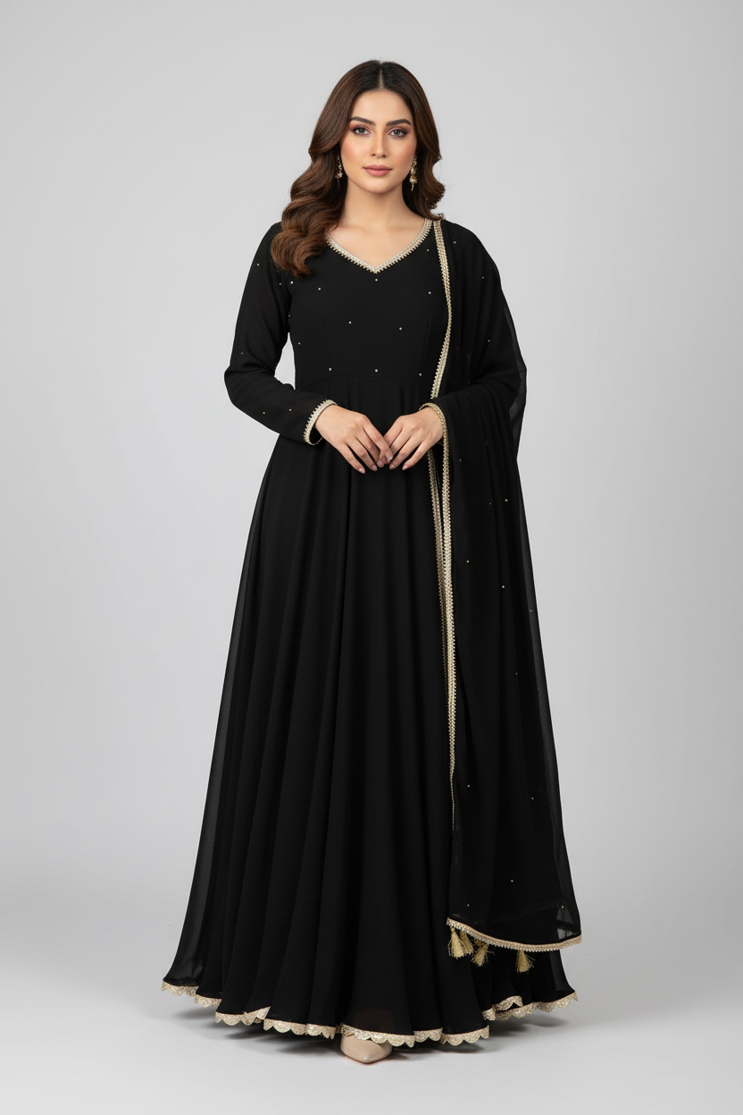 Pakistani fashion model wearing elegant black gown