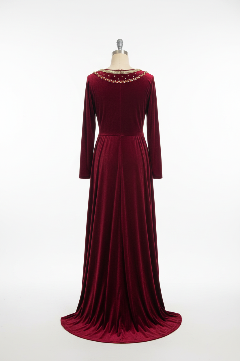 Deep red velvet gown with zirconia embellishment - back view