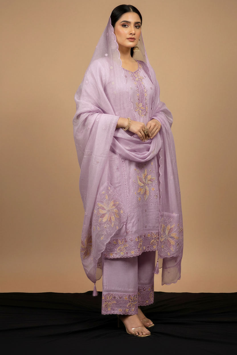 Lavender embroidered suit with dupatta on shoulder