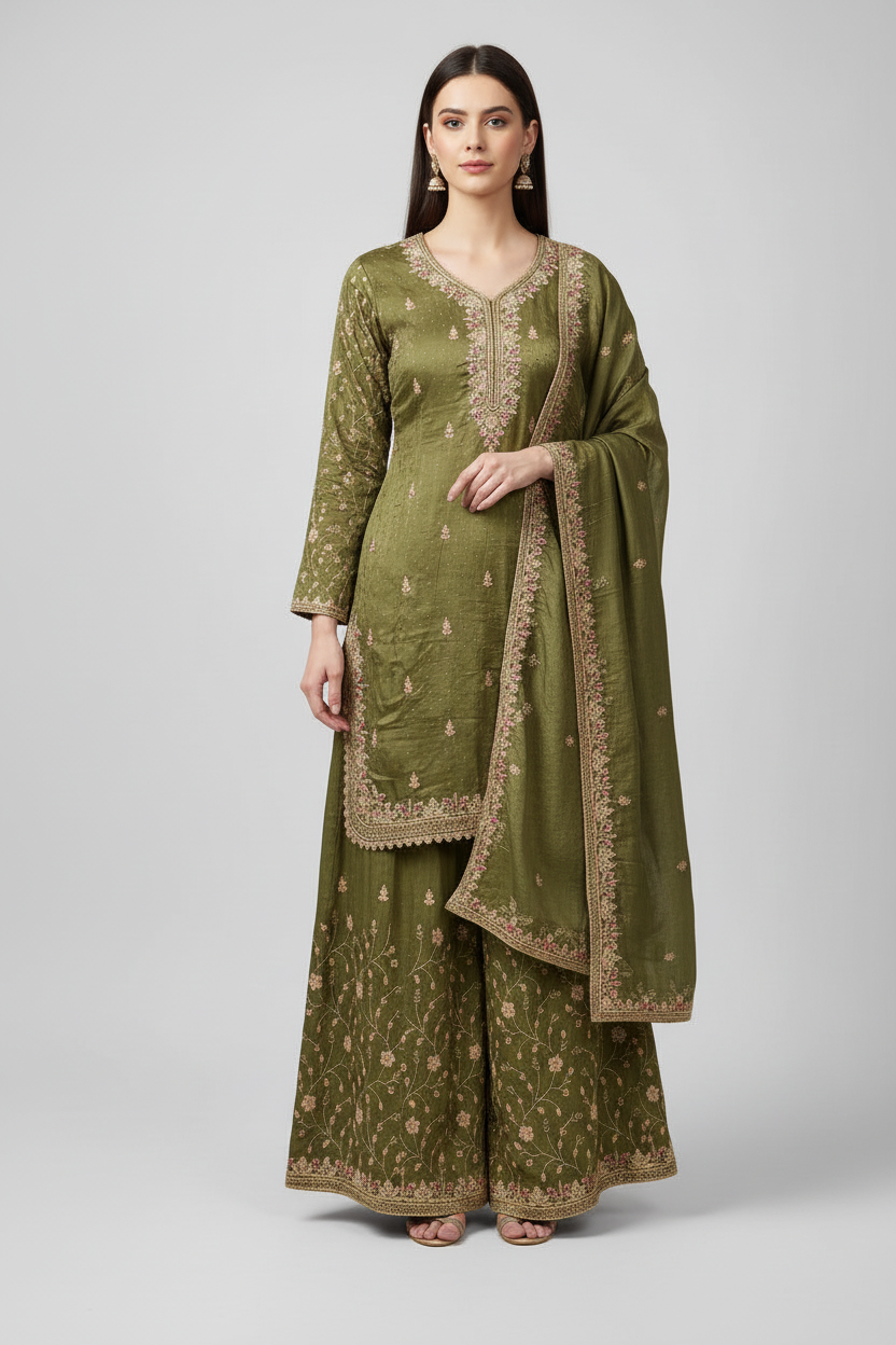 Olive Green Gharara Kurti Set
