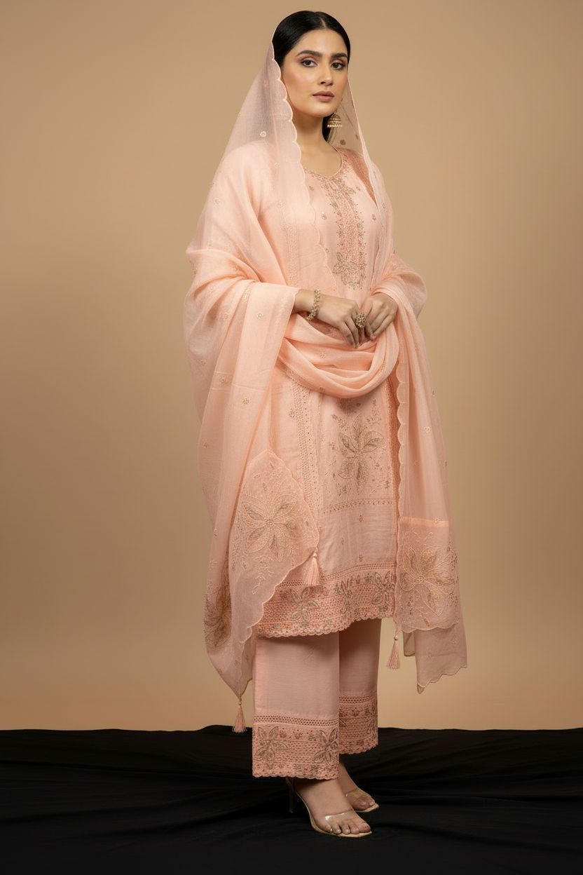 Peach embroidered suit with dupatta over shoulder