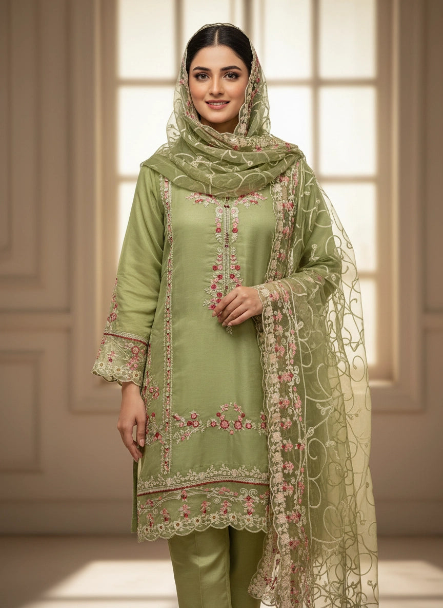 Sage Green Organza Embroidered Suit ✨