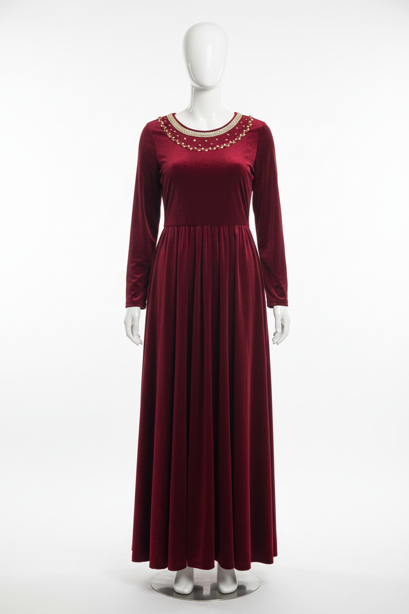 Red velvet gown on mannequin with plain background