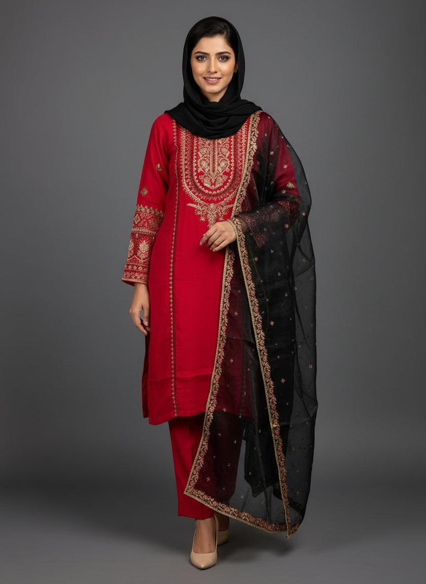 ❤️ Eid Pret Special ✨ - Red Embroidered Linen Suit