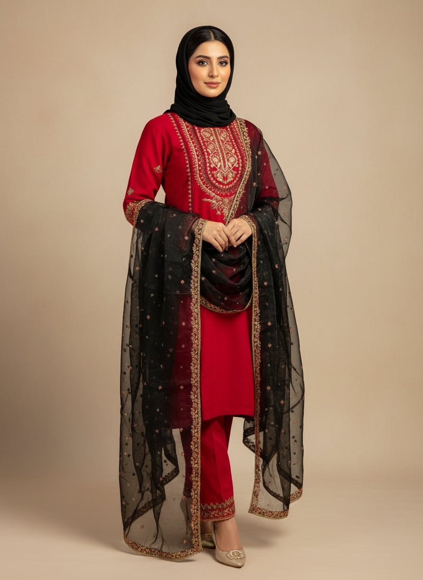 ❤️ Eid Pret Special ✨ - Red Embroidered Linen Suit