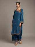 Teal Embroidered Linen Coord Set - Two Piece Kurti & Pant