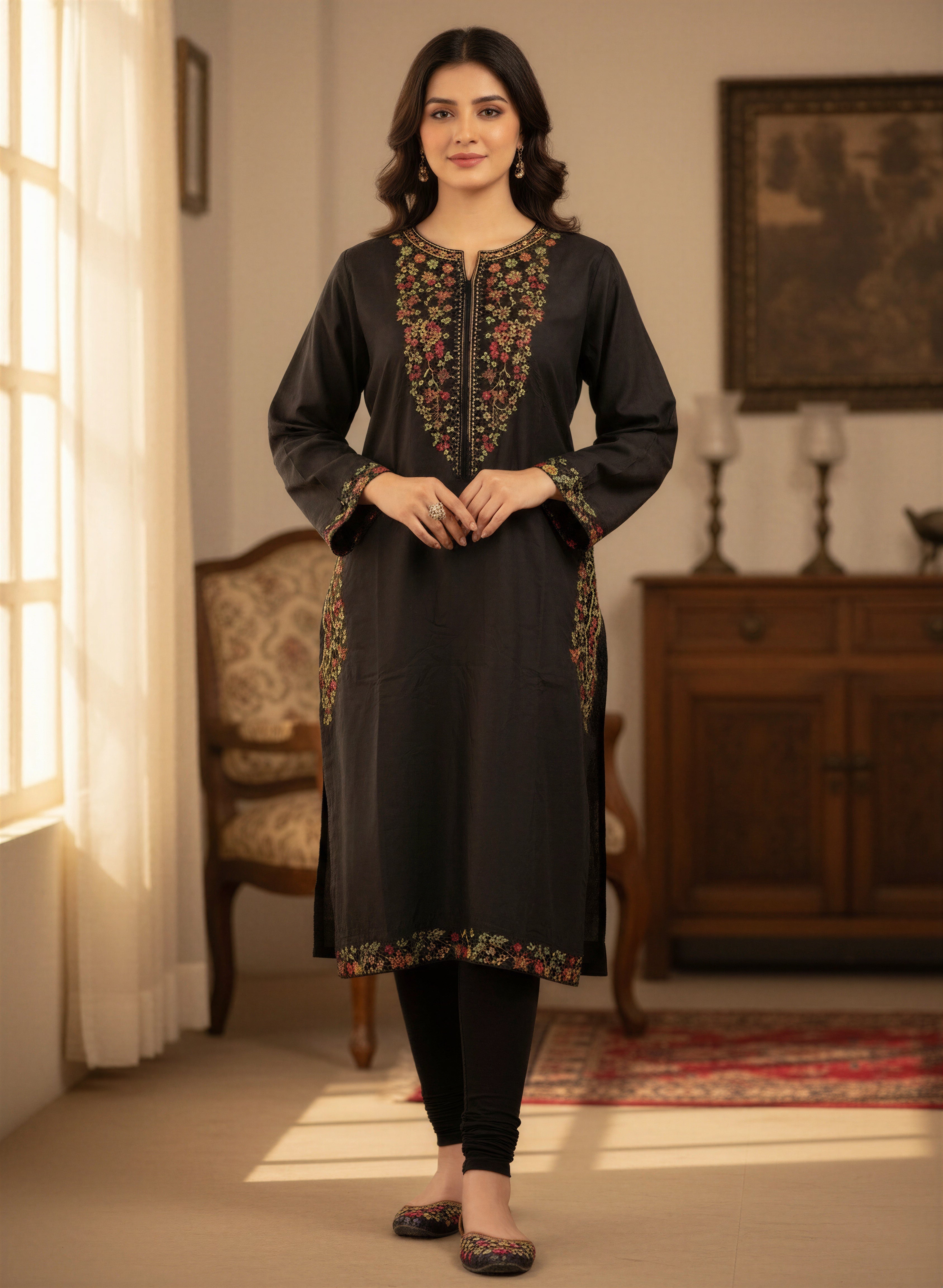 Black Embroidered Linen Coord Set - Two Piece Kurti & Pant