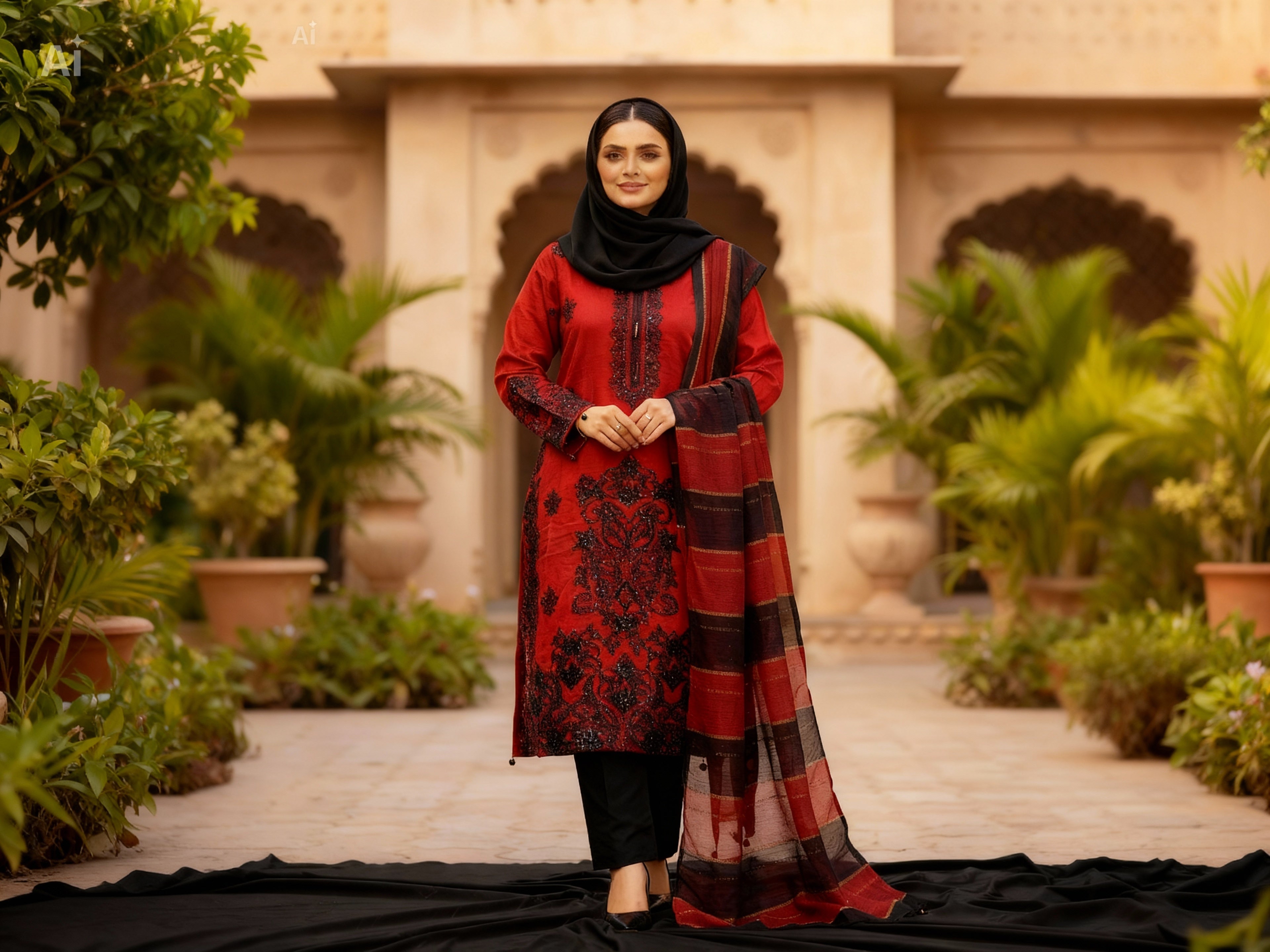 ❤️ Eid Pret – Red Embroidered Linen 3-Piece Set