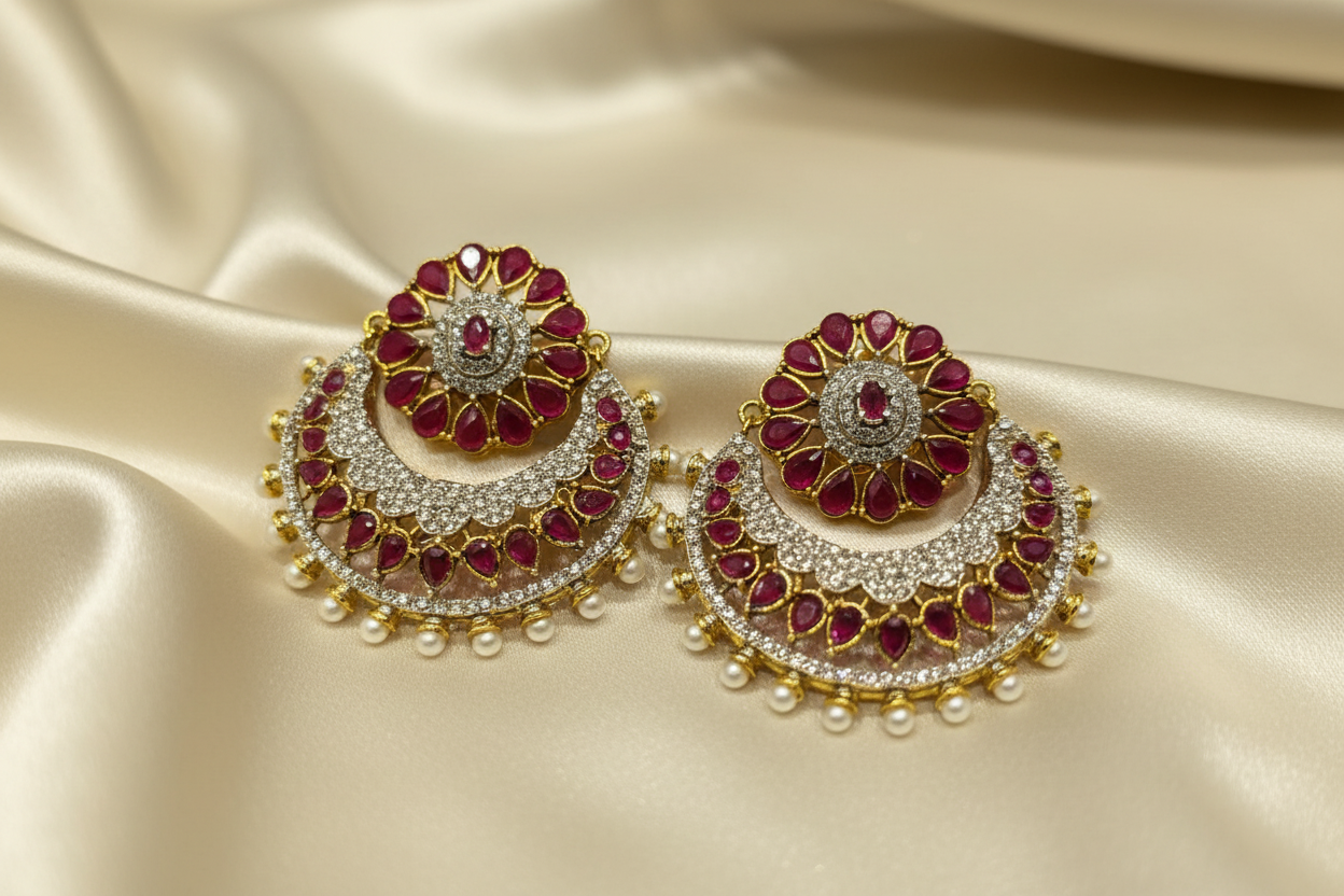Ruby Chandbali Earrings on Silk