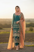 Teal & Peach Embroidered 3-Piece Salwar Kameez - Medium | Party Wear