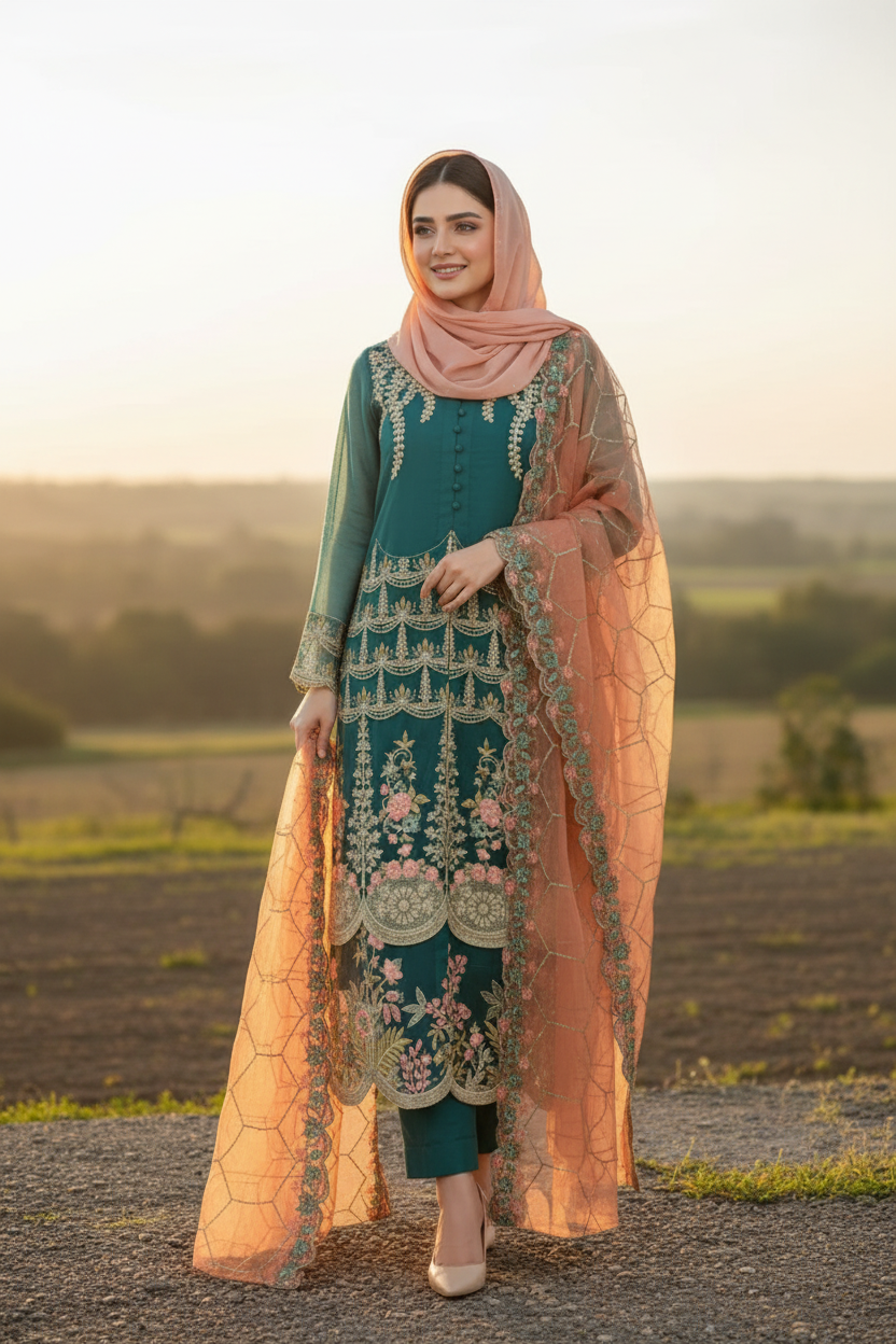 Teal & Peach Embroidered 3-Piece Salwar Kameez - Medium | Party Wear