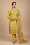 Yellow embroidered suit on model