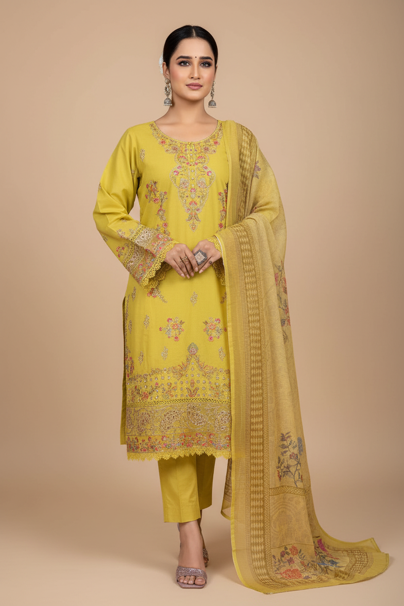 Yellow embroidered suit on model